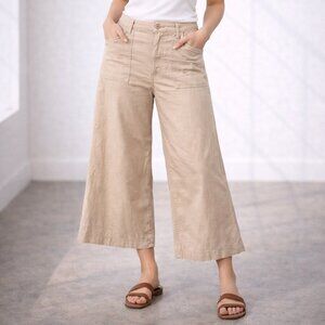 Linen Blend Wide Leg Crop Pants Khaki Coastal Summer Lightweight Size 27